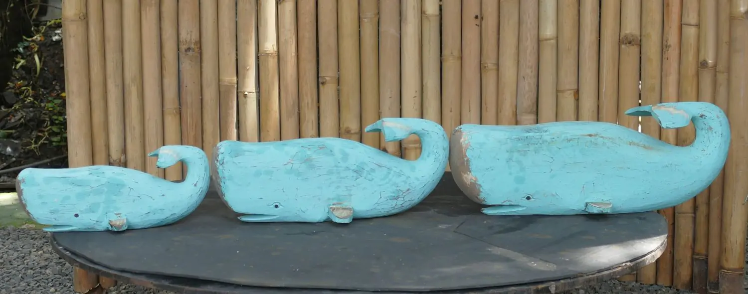  Product image 6 of the product “Whale, wood in turquise. Set of 3; Size L: 48x20x22cm H, Size M:38x18x18cm H, Size S: 30x12x13cm H. ”